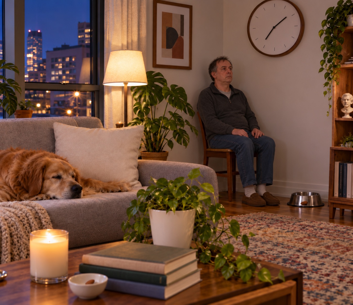 Greg sitting silently on a chair in the corner of a living room while a dog sleeps on the couch